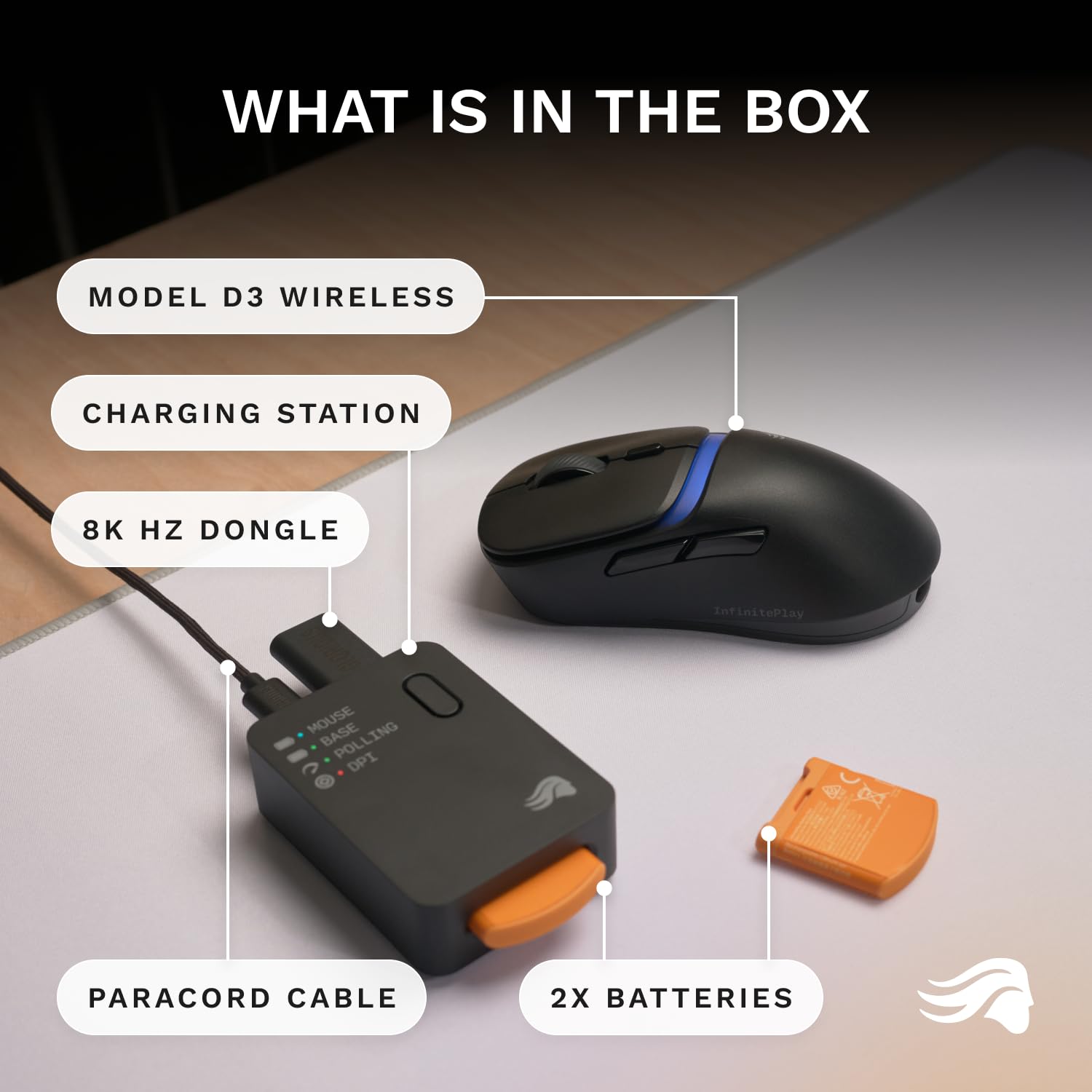 GLORIOUS Gaming Model D3 Wireless Gaming Mouse - InfinitePlay Swappable Battery System, 8k Polling, 130M Click Optical Switches, Ultralight 69g, 30K DPI Optical Sensor, RGB - Black — view 7