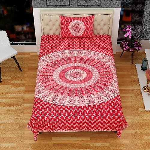 Image of RajasthaniKart Comfort Rajasthani Jaipuri Traditional Sanganeri Print 144 TC 100% Cotton Single Bedsheet with 1 Pillow Cover SB-258 (Pink)