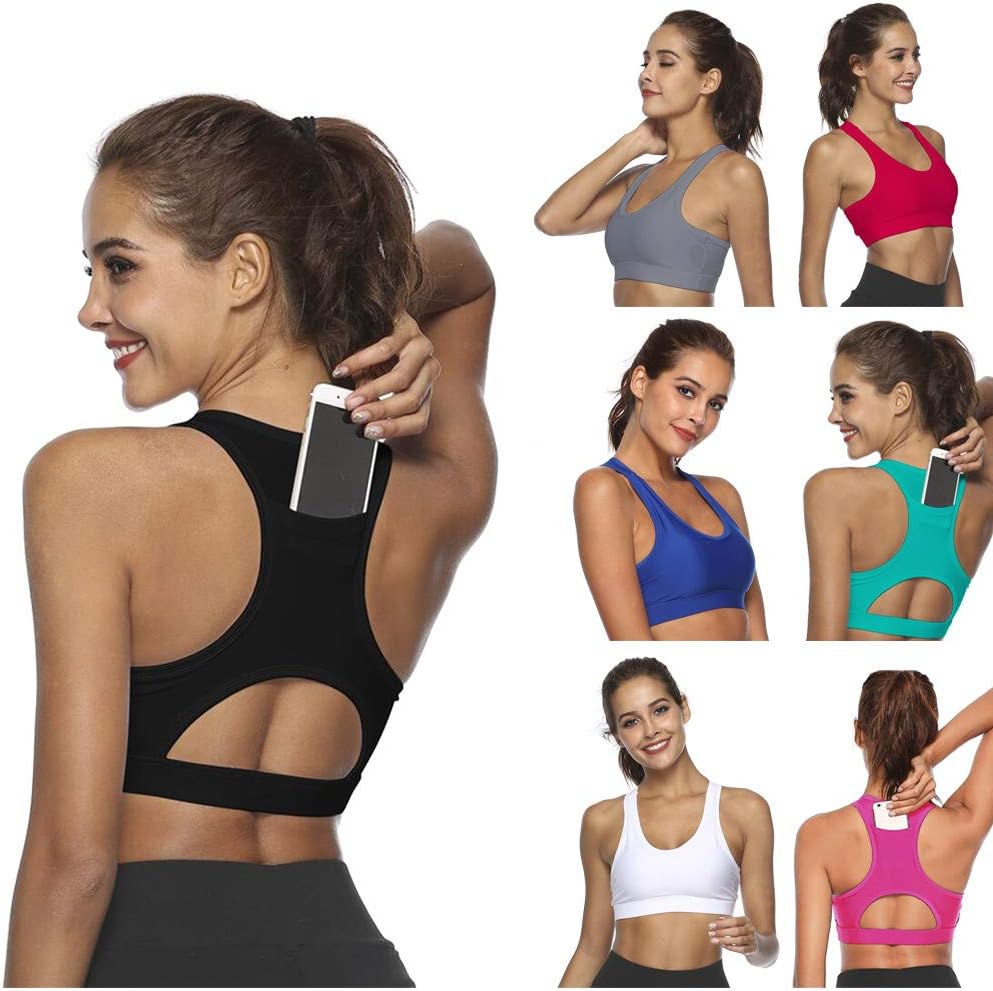 Women's Sports Yoga Bra with Phone Pocket at Back Wirefree Sweat Racer Back Yoga Bra Gym Workout Bralet