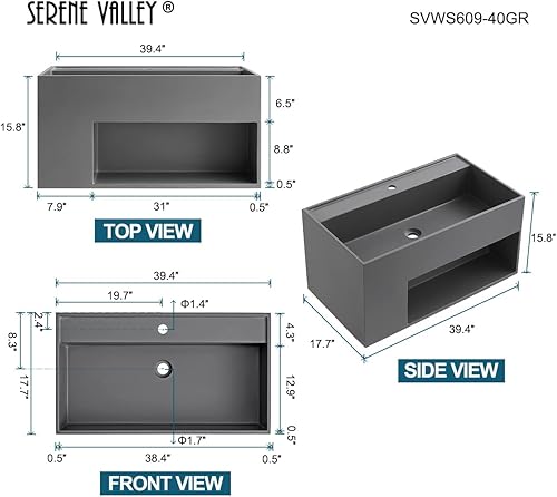 Miniatura 2 de Serene Valley SVWS609-40GR - Tocador flotante para baño, fregadero de pared de 40 pulgadas con gran espacio de almacenamiento y colador emergente,