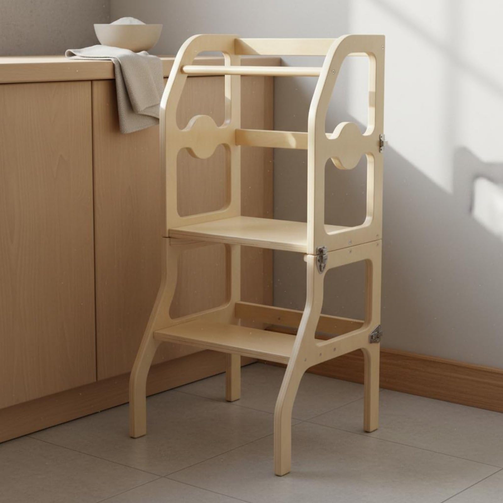 Kinder Lernturm Faltbarer Tritthocker Kinderstuhl Holz Lernhocker mit Klappfunktion Platzsparend Stabil für Alltägliche Aufgaben Am Waschbecken für Küche Badezimmer Heimgebrauch, Naturholz