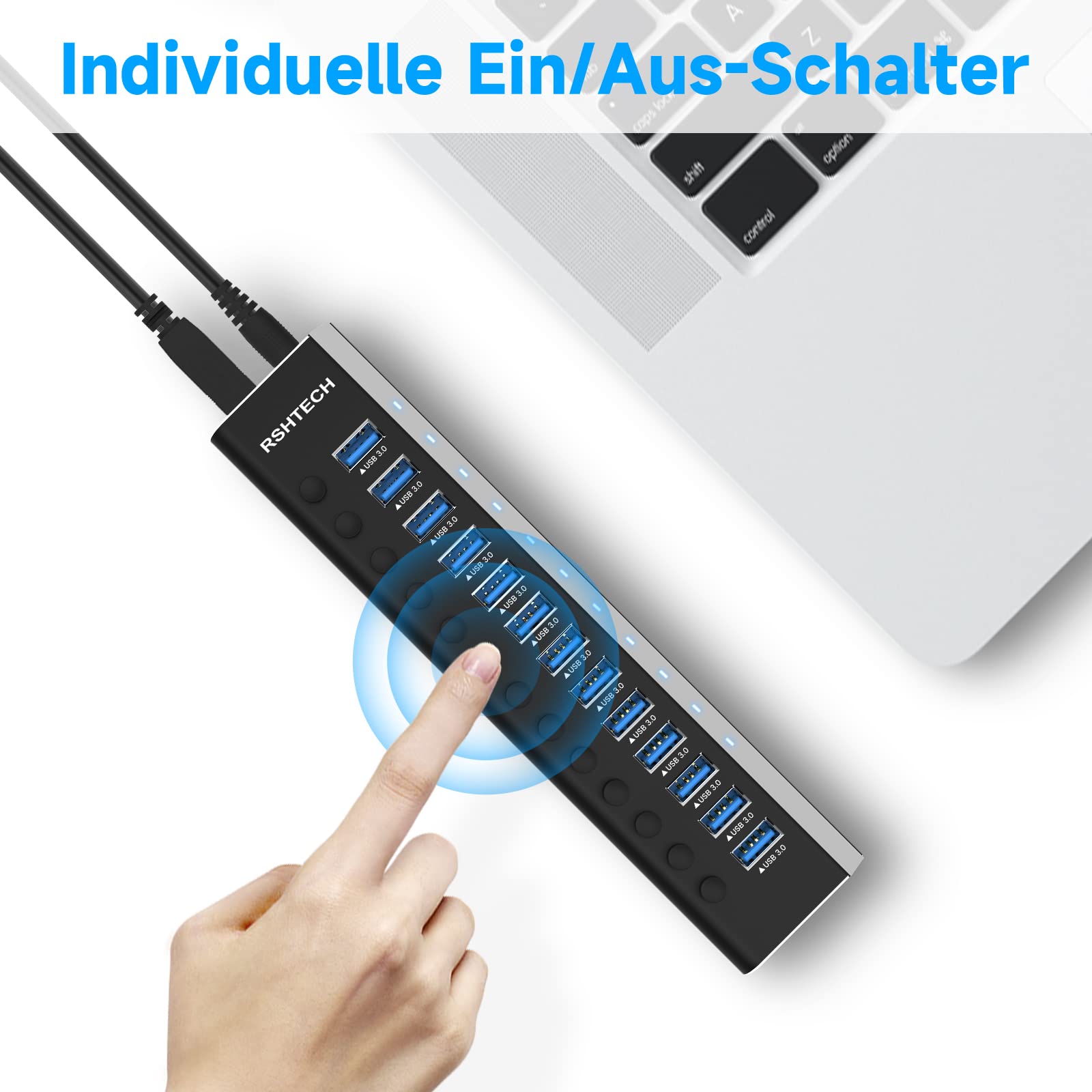 Hub USB z zasilaczem, RSHTECH aluminiowy koncentrator USB Aktiv 3.0 z zasilaczem 72 W (12 V/6 A), 13-portowy koncentrator USB aktywny z kablem do transmisji danych 100 cm, do ładowania i przesyłania