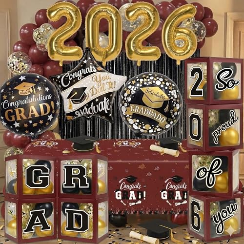 Image of Black and Maroon Graduation Decorations Class of 2026 - Graduation Balloon Boxes, Balloon Arch Garland Kit, Fringe Curtains, Party Decorations 2026 for Any Grades