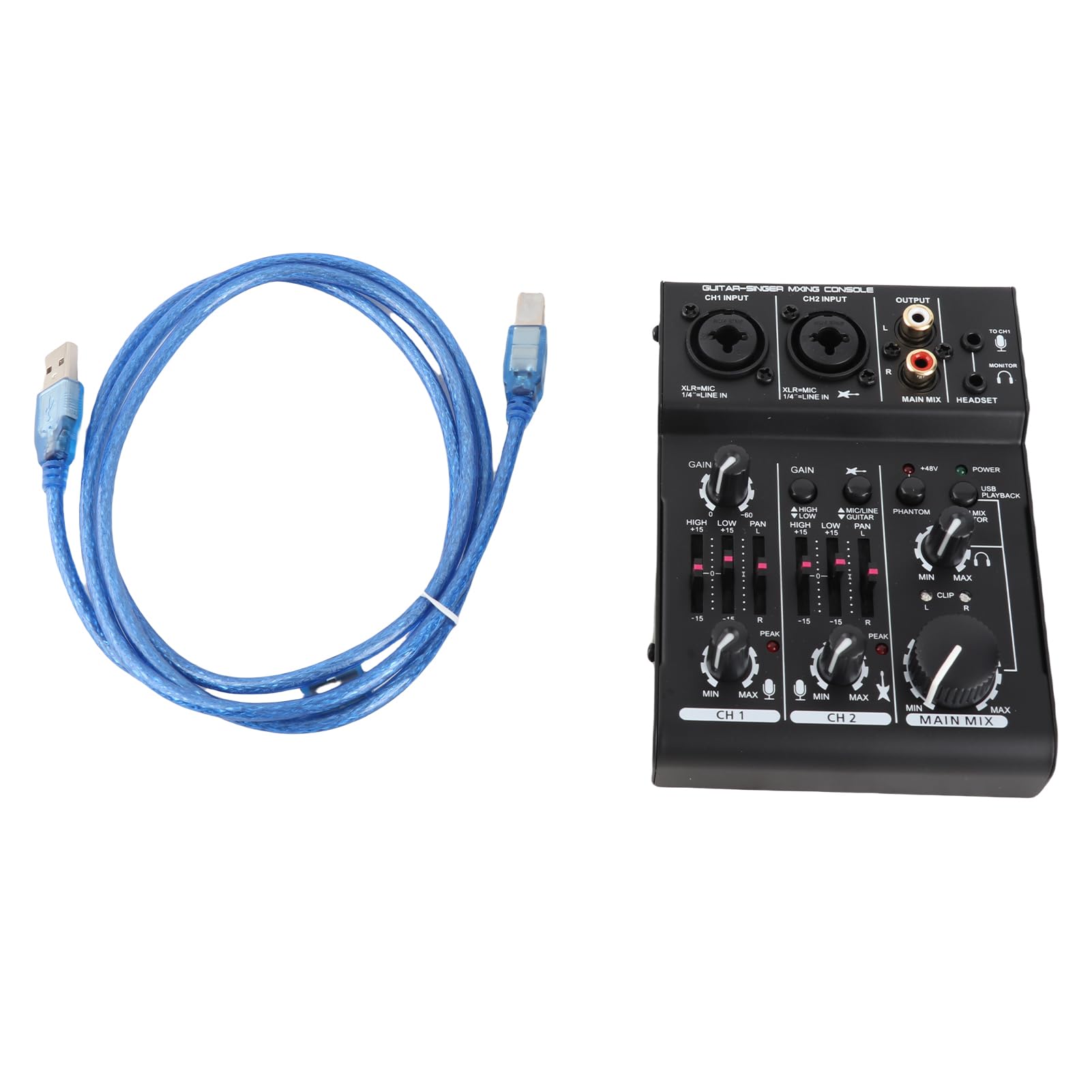 POENVFPO Mixer Audio USB a 2 con Alimentazione Phantom 48 V, Ingresso/uscita Stereo, Misuratori di Livello LED, Ingressi XLR e 1/4 di Pollice per DJ, Registrazione in Home Studio