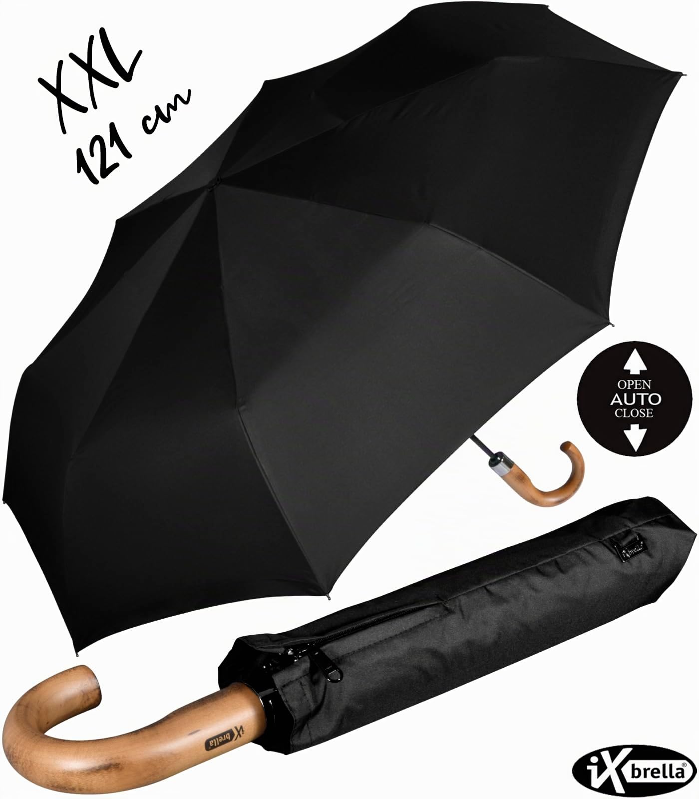 iX-brella - Sombrilla XXL para hombre de 121 cm con mango de madera auténtica y cierre automático