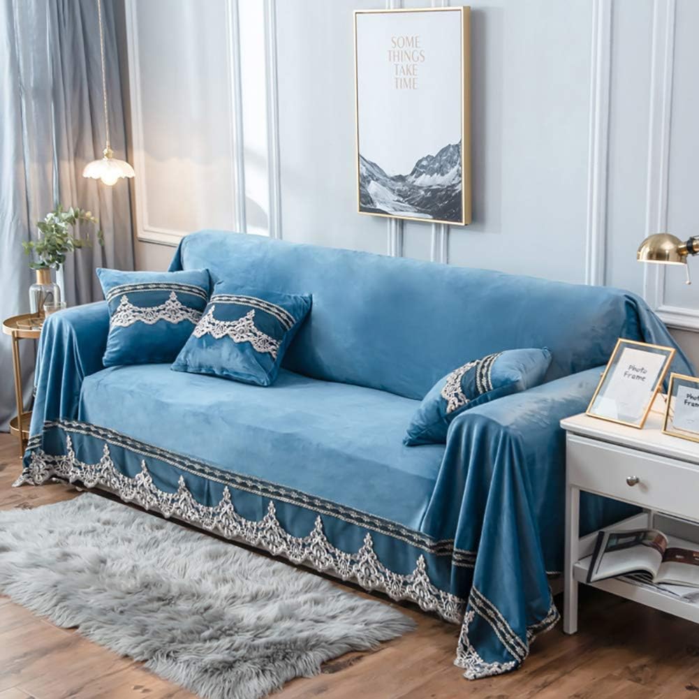JYPHM Plush Couch Cover Vintage lace Suede Sofa Slipcover Anti-Slip Solid Color Sofa Cover Anti-Dust Stain-Proof Furniture Protector for Pet Dog & Kids 2 Seaters Sapphire Blue 200x260cm(79x102inch)