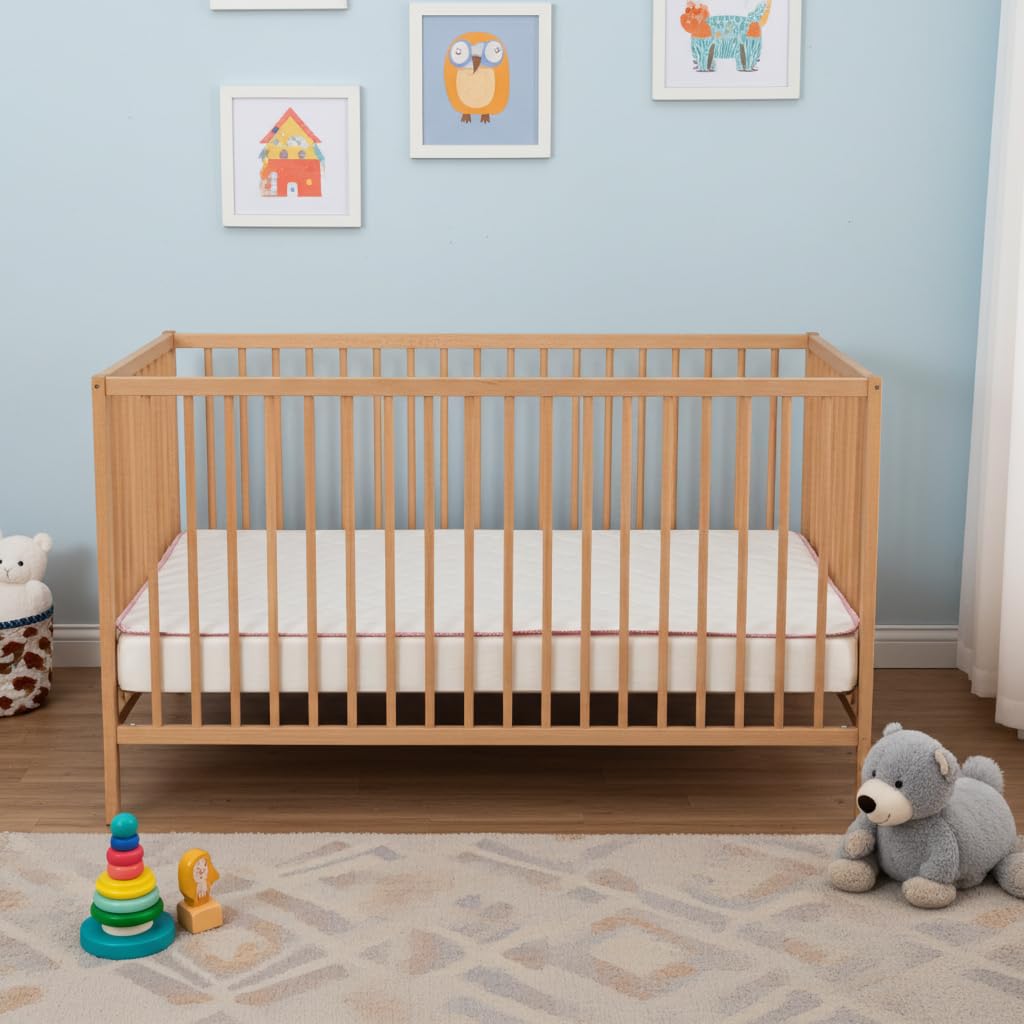 Babysom - Matelas Bébé 60x120 cm - Réversible Été/Hiver - Face Été Respirante & Face Hiver Ouatinée - Épaisseur 8 cm - sans Traitement Chimique - Certifié Oeko-Tex - Ganse Rouge