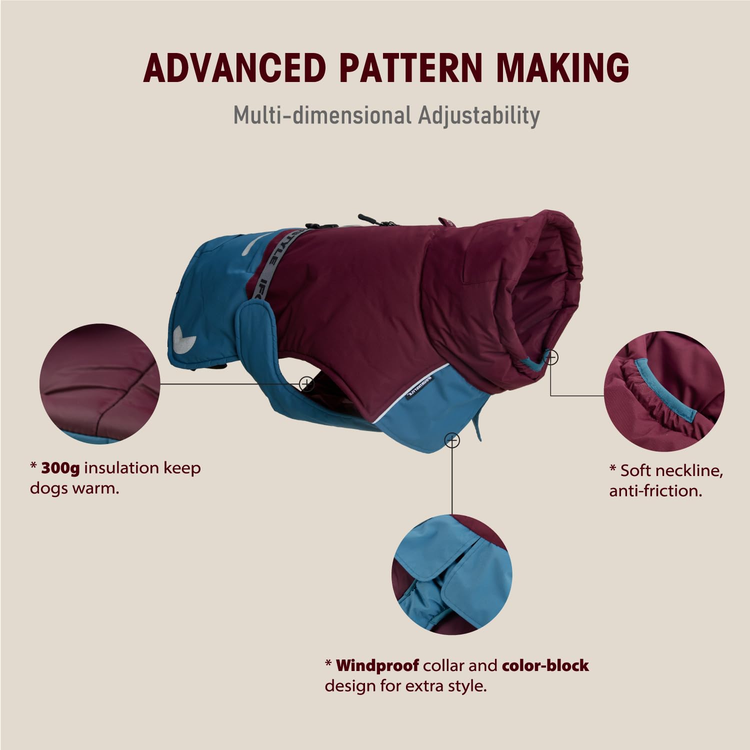 Wasserdicht Hundemantel Wintermantel Hundejacke mit wärmendem Futter, Winddicht und Reflektierende Jacke für Border Collie, Springer Spaniel den Außenbereich (50, weinrot