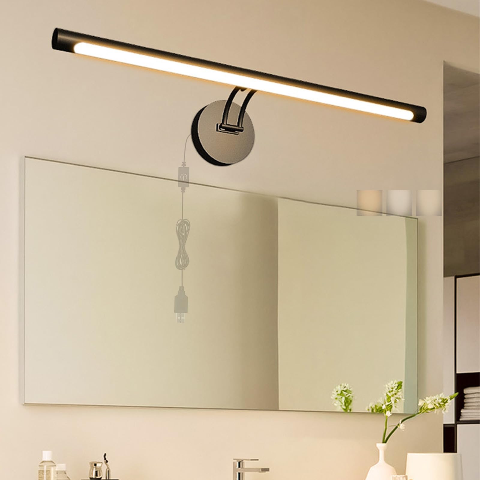 Luce da Specchio Bagno LED Ricaricabile Applique da Parete con Controllo Touch 3 Temperature di Colore Iluminazioni per Pareti 240° Girevole Lampada da Parete Camera da Letto Soggiorno (Nero,40cm)