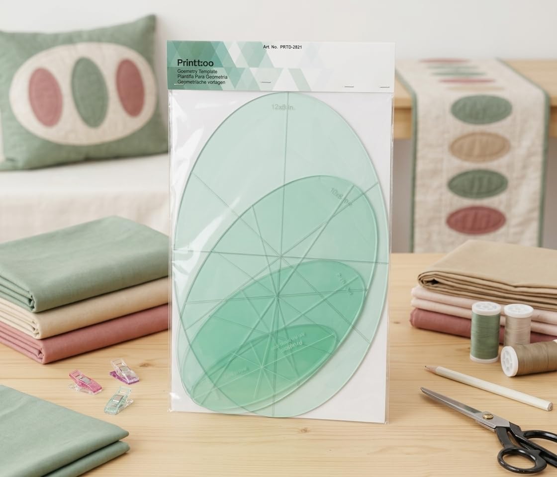 Printtoo Oval Quilt Ruler Set with Centerline Guides, 4 Pcs 2 mm Acrylic Ellipse Templates for Applique Fabric Cutting Patchwork Blocks Sewing Marking Hand Quilting DIY Crafts Textile Patterns