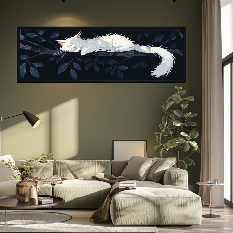 Tableau chat blanc endormi sur branche 55x165 cm décor mural