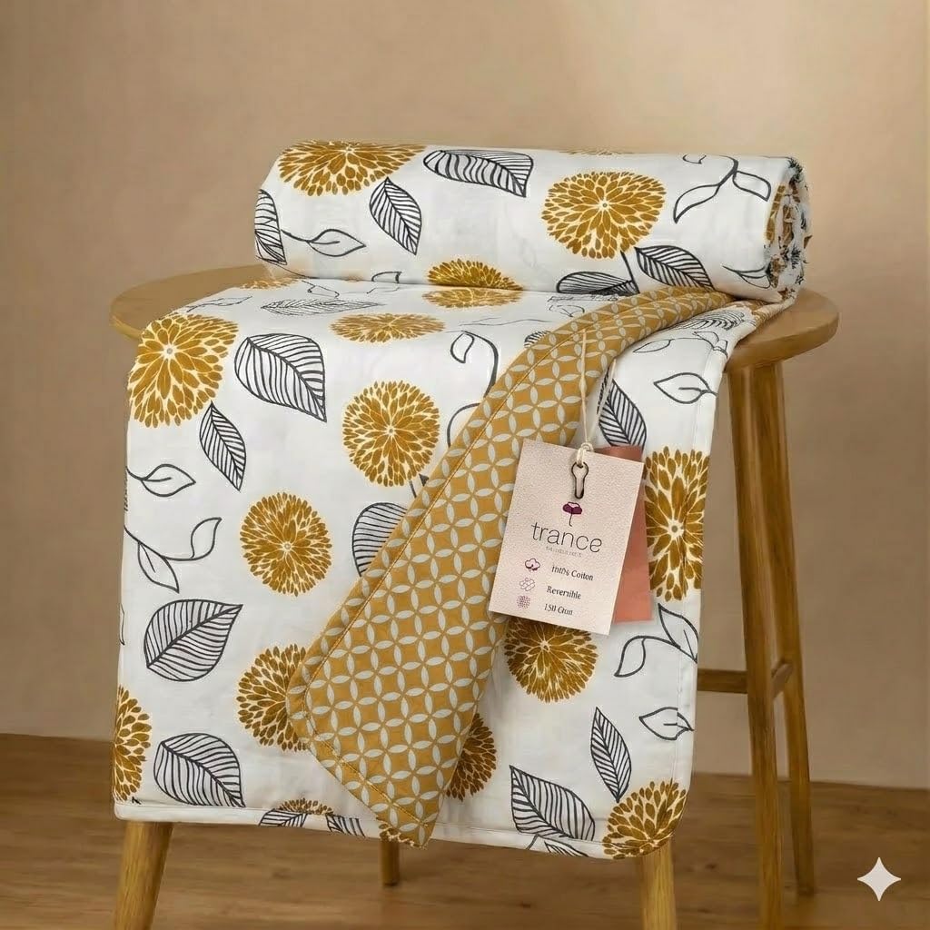 Trance Home Linen Summer Blanket 100% Cotton Reversible Dohar for Single Bed | Lightweight AC Quilt Comforter | Soft Bed Blanket (56x88 Inch, Yellow White Floral Abstract, 200TC, Pack of 1)-image-40