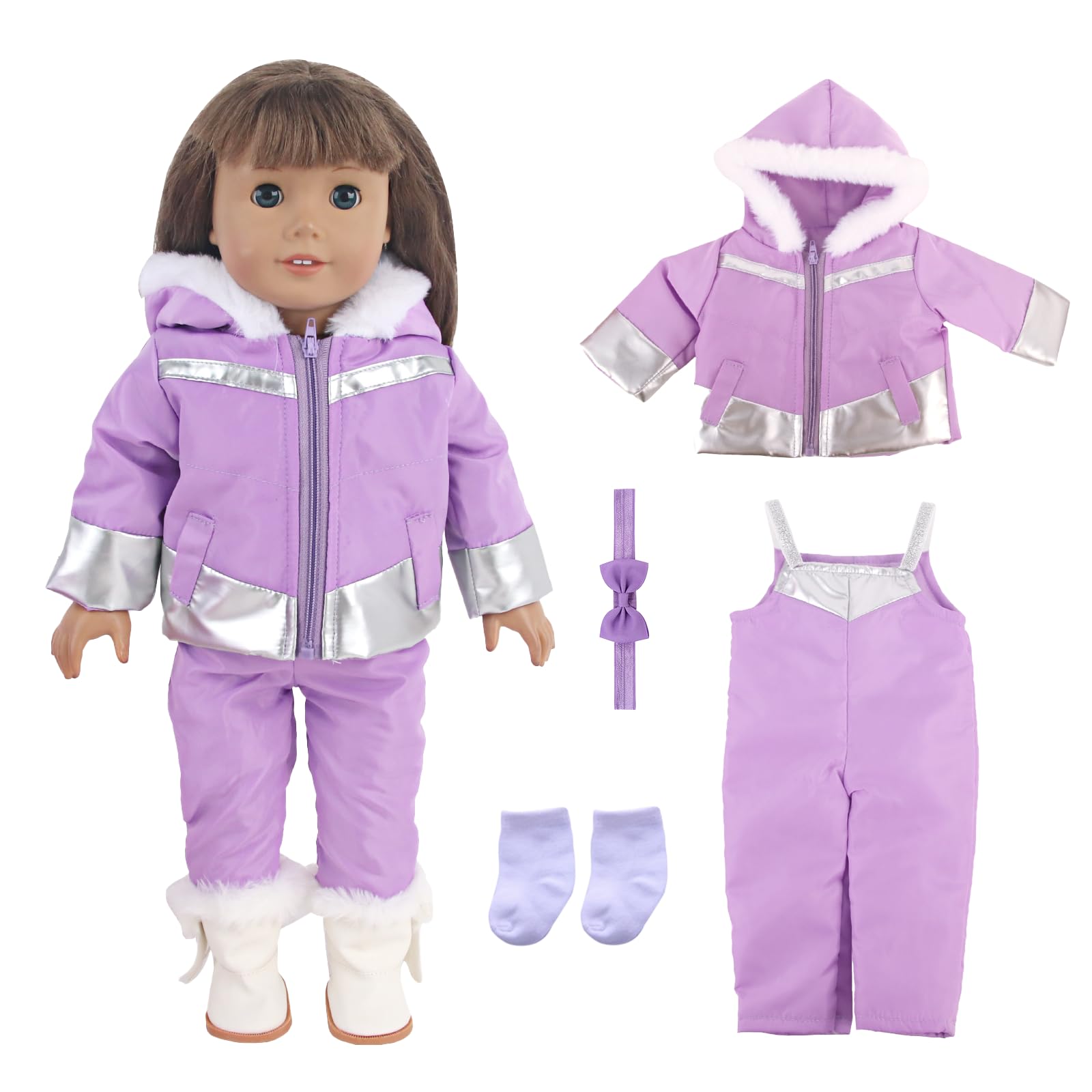 4Pcs Baby Doll Clothes for 14-18 Inch Doll, Autumn winter 35-45cm Dolls Down Sportswear Suit with 1 Hooded Down Jacket 1 Overalls 1 Sock 1 Bow Headdress Purple silver Outfit for Winter