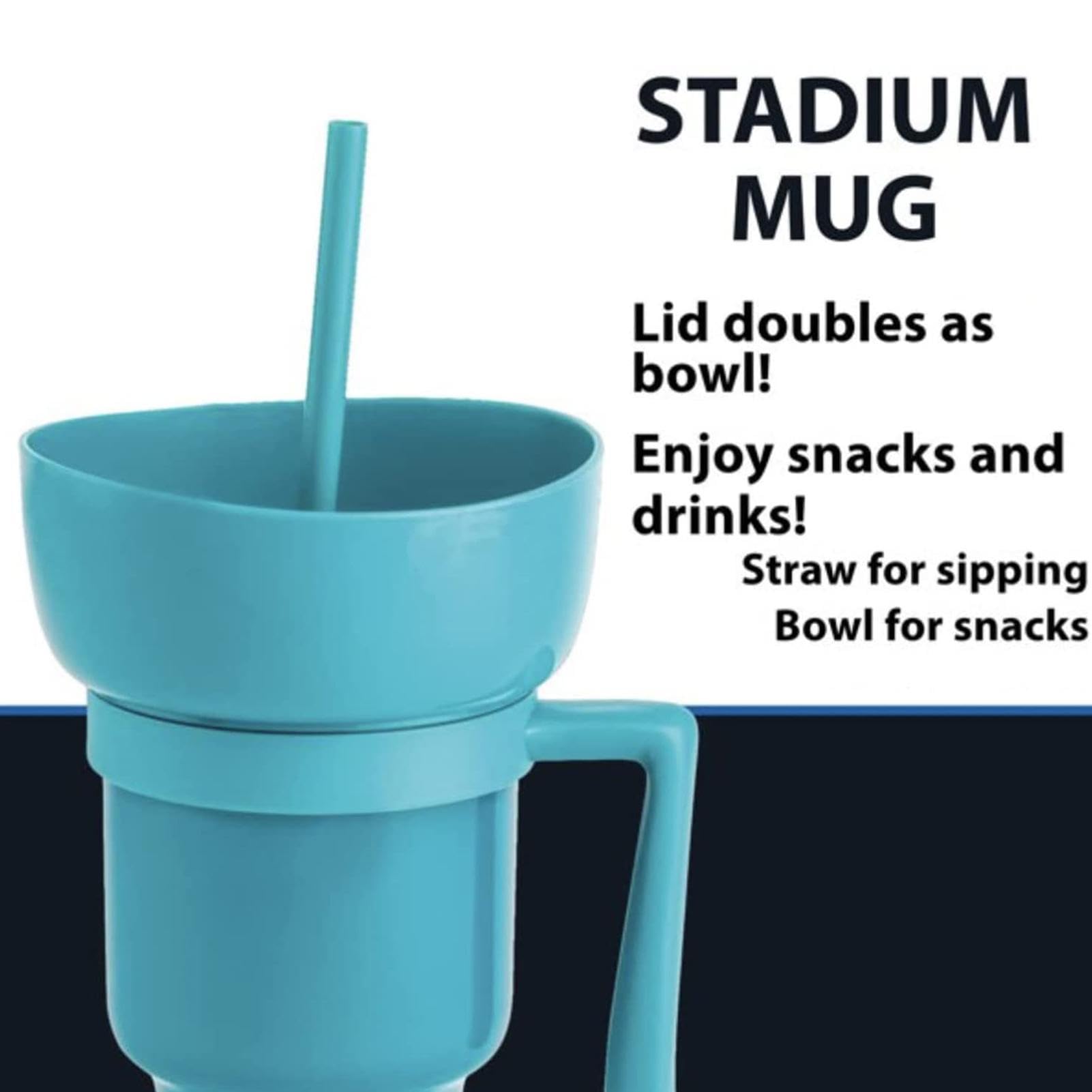 Vaso de estadio de 32 onzas con cuenco para aperitivos, a prueba de fugas, 2 en 1, recipiente para bebidas y aperitivos con pajilla, apto para viajes, con tapa de cuenco, ideal para adultos y niños