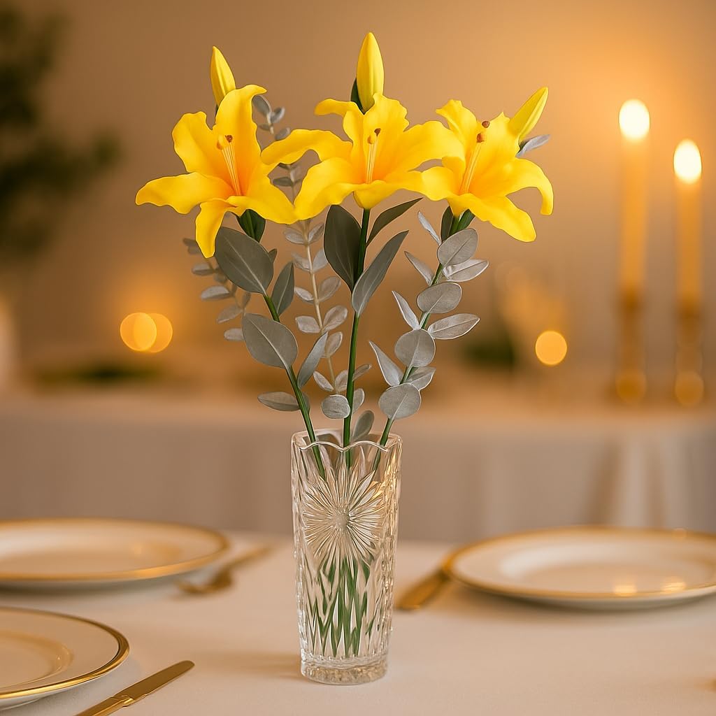 Floral Kingdom 30 Inch Tall Artificial Tiger Lily Flowers, 3 Pack Yellow PU Real Touch Faux Stems for Mother's Day Decor, Floor Vase, Living Room Corner, Wedding Decoration
