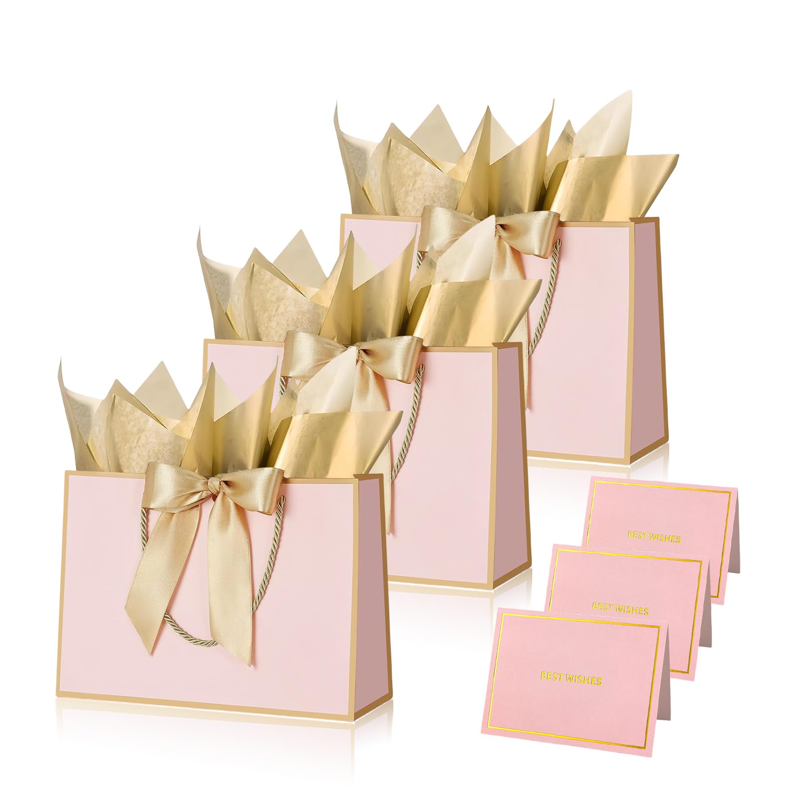 Pink Gold Gift Bags for Presents,3P Medium Present Bags with 6 Metallic Gold Tissue /3 Card,Personalised Birthday Gift Paper Bag with Ribbon,28*20*10 Wrapping Bag for Christmas Wedding Gift Party Bag — image 1