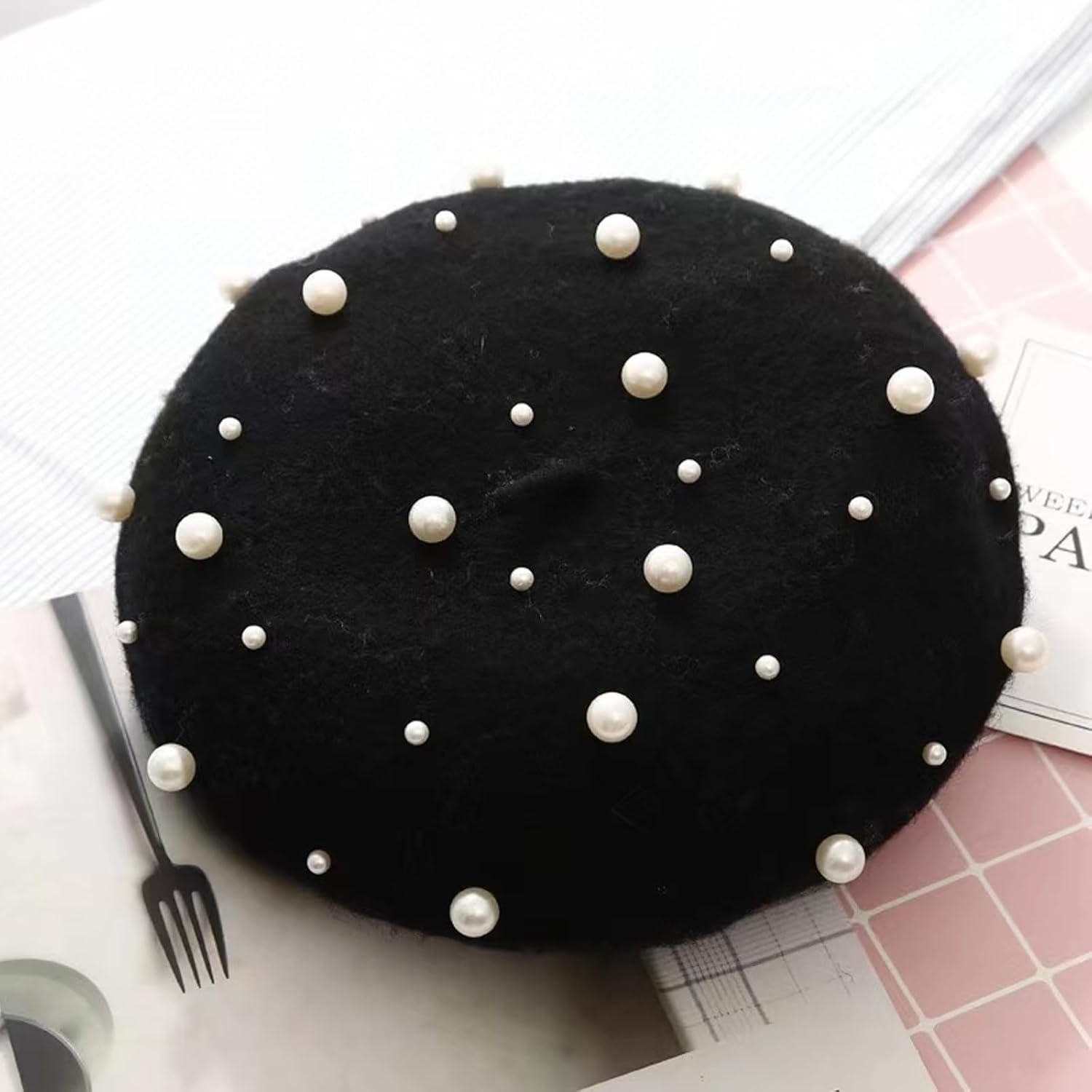 2 Pcs Winter Wool Berets Pearl French Style Beanie Cap Solid Color Winter Hat Beaded Beret Cap for Women and Girls Casual Use (Black, Red) - Image 2