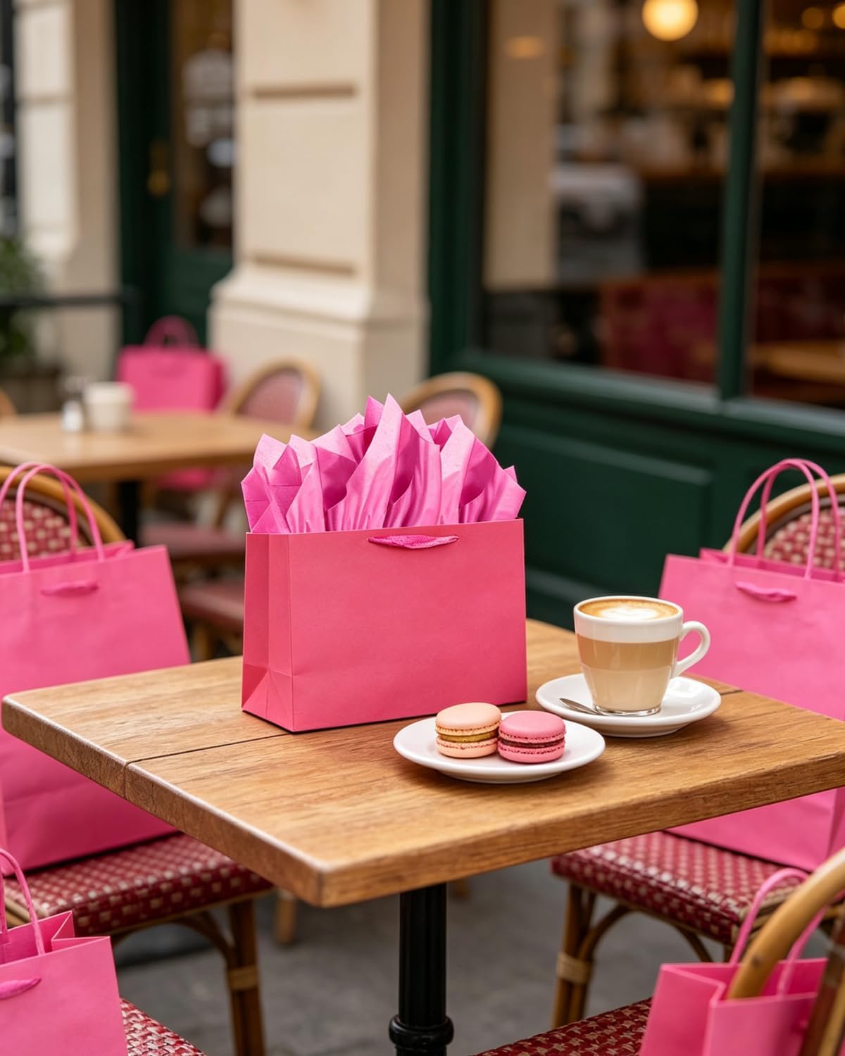 qiqee 24PCS Bright Pink Gift Bags with Ribbon Handles 9.6"x7.9"x4.3" Medium Size Gift Bags (Tissue Paper included, Medium Wide)