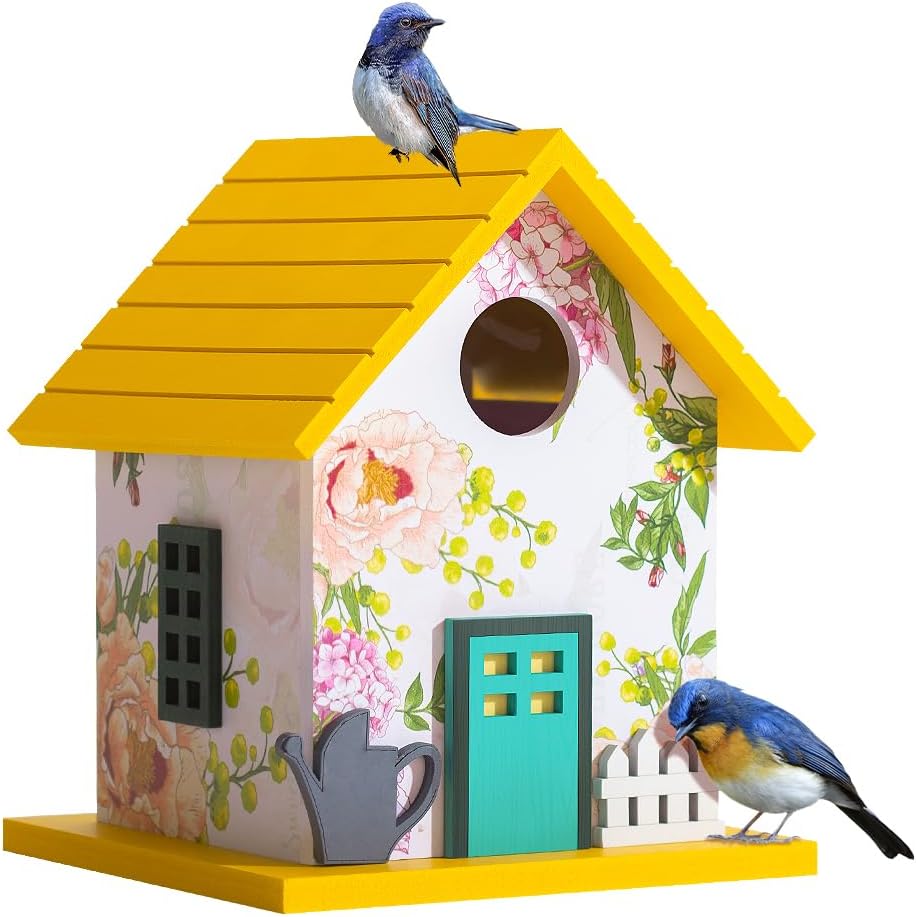 Spring Melody Bluebird House, Composite Material Nesting Box, Hanging Birdhouse for Blue Bird,Sparrow, Chickadee, Birdhouse for Outside, 5 Years Weatherable Bird Box on Post for Pole (Garden Cottage)