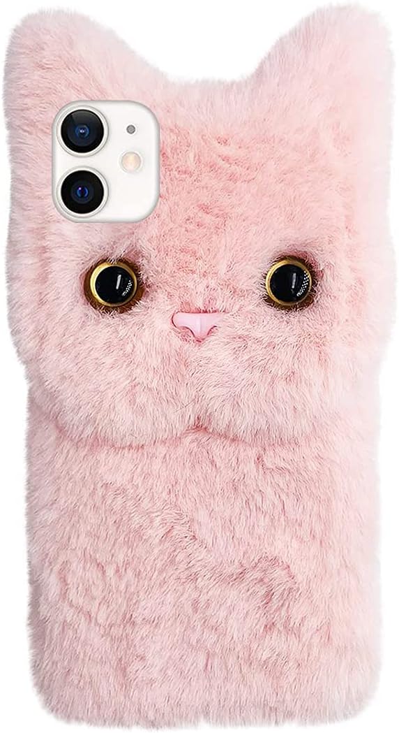 Plush Case Cover for iPhone 15, Cute 3D Cartoon Cat Shell, Soft Warm Fluffy Furry Shockproof Protective Case for Women Girls, Winter Fluffy Faux Fur Phone Cover for Pink iPhone 15