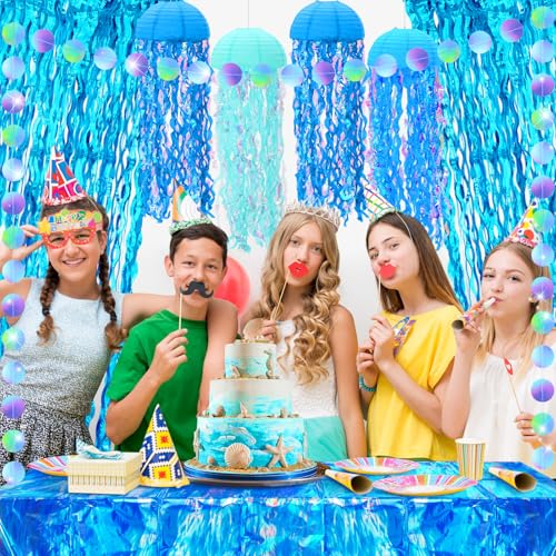 Image of 8 Pcs Under the Sea Party Decorations Ocean Waves Tablecloths Blue Tinsel Foil Fringe Curtain Jellyfish Paper Lanterns Glitter Circle Garland Hanging Banner for Baby Shower Birthday Decor