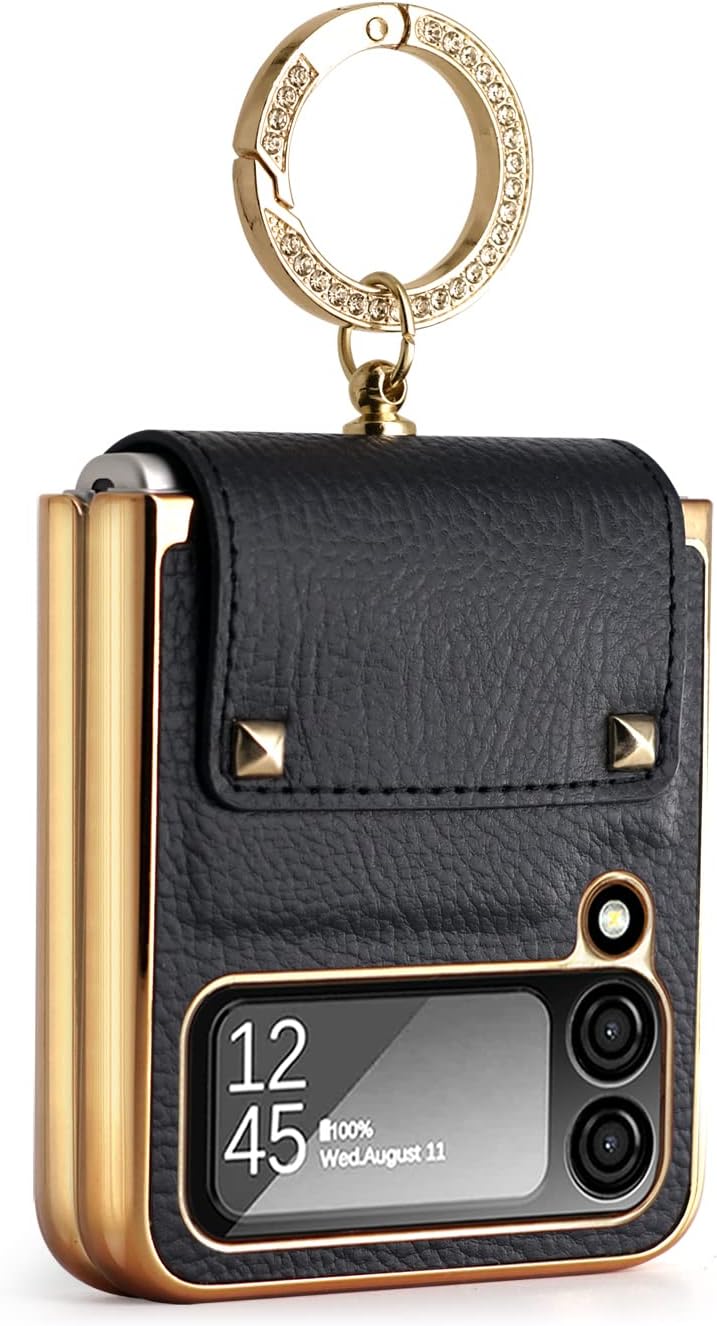 for Samsung Galaxy Z Flip 3 5G with Luxury Sparkle Ring and Black Soft Leather,Golden Bumper Shockproof Protector,Great Gift for Women Ladys Grils