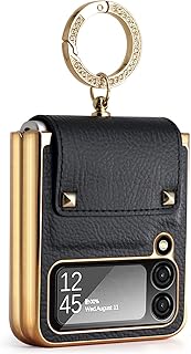 XIMAND for Samsung Galaxy Z Flip 4 with Luxury Sparkle Ring and Black Soft Leather,Golden Bumper Shockproof Protector,Great Gift for Women Ladys Grils