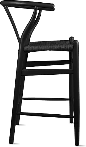 Miniatura 8 de 2xhome Wishbone Taburete de bar de madera maciza con respaldo en Y abierto, sillas de oficina de comedor con asiento negro tejido (negro)