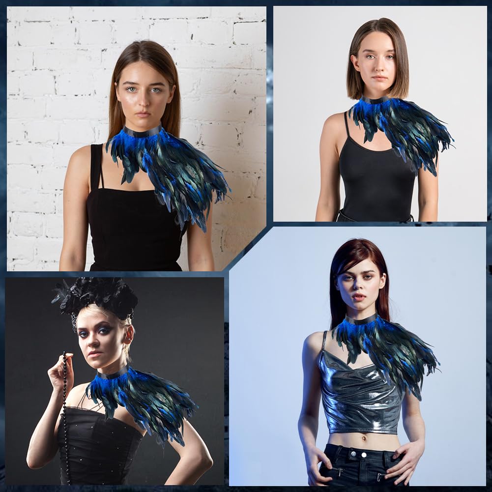 GORGECRAFT Gothic Feather Cape Shawl Feather Capelet Witch Wings Collar Natural Feathers Cape Shrug Halloween Raven Costume Peacock Adult Costumes for Women Men Easter New Years Eve Dodger Blue - Image 4