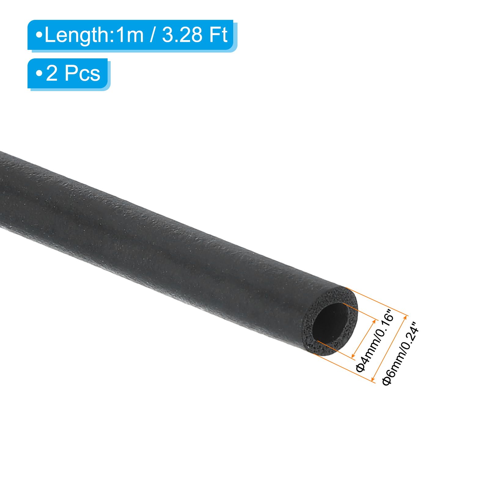 PATIKIL Tubo de espuma de aislamiento de tubería de 4 mm de diámetro interno x 6 mm de diámetro externo x 1 m de largo, 2 piezas de envoltura de cubierta de tubería, negro