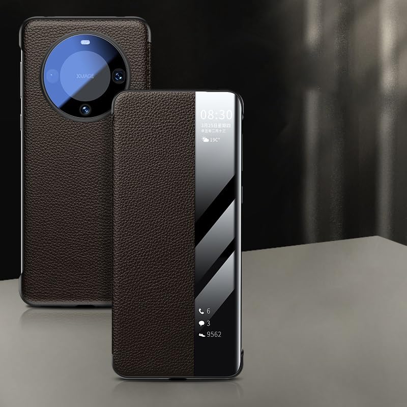 Étui pour Huawei Mate 60 idéal en voyage avec rabat miroir élégant et fenêtre transparente