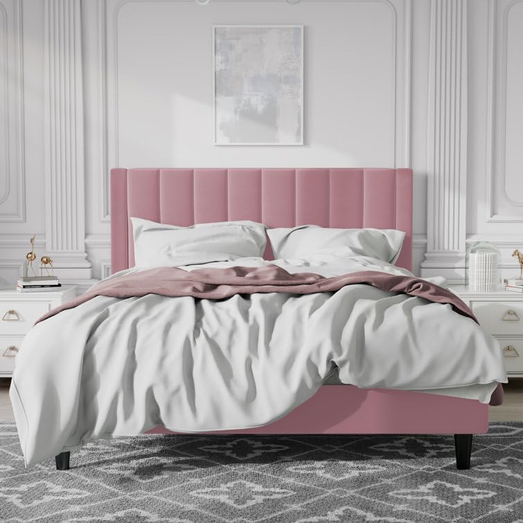 Image of HITHOS Modern Upholstered Queen Size Bed with Wingback Headboard | Wooden Double Bed Cot Palang Without Storage for Living Room Bedroom Home (Pink) 1 Year Warranty