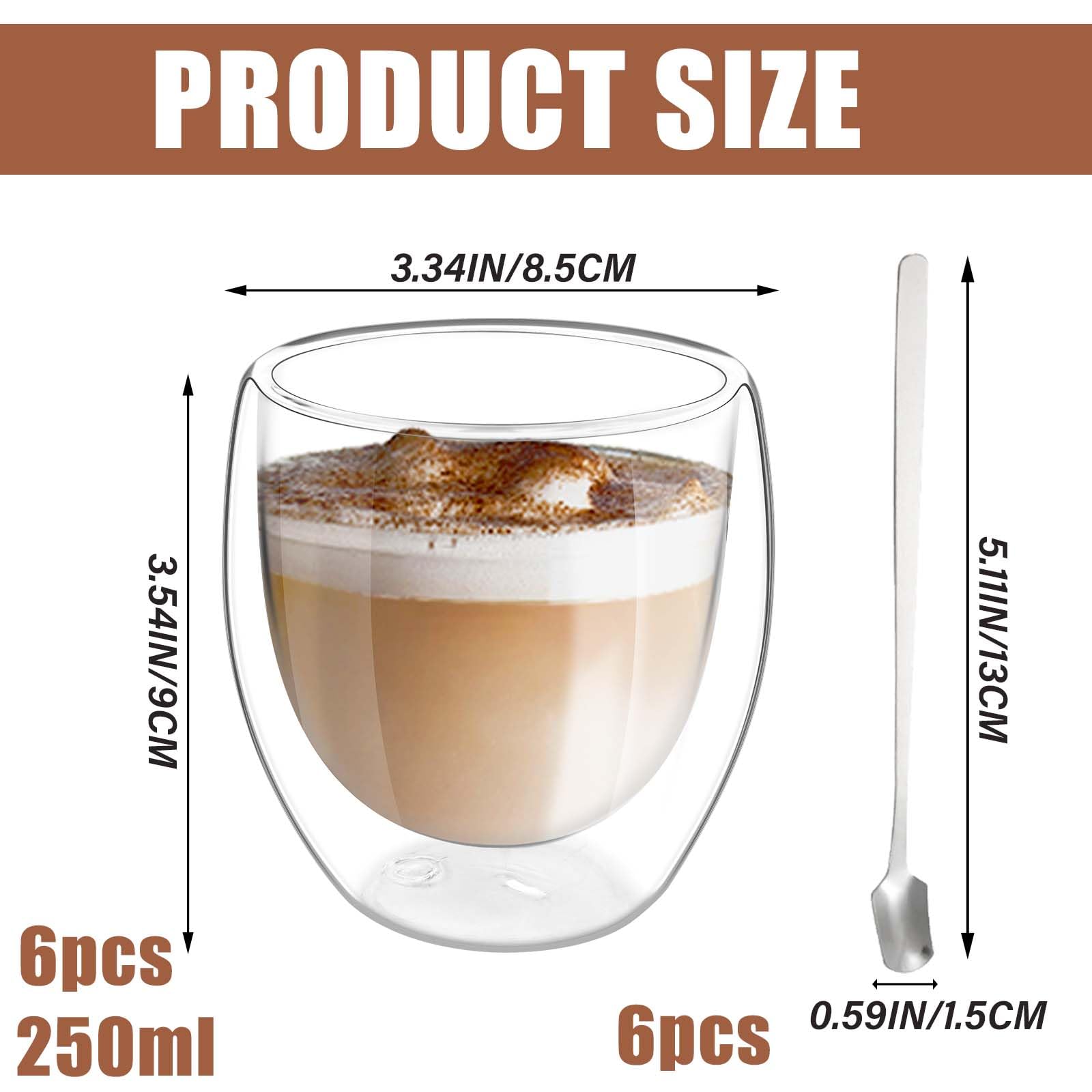 Latte Macchiato Set di tazze da caffè a doppia parete, 6 bicchieri da 250 ml, a doppia parete con 6 cucchiai, cappuccino, tazze da caffè, caffè gelato, bicchieri termici