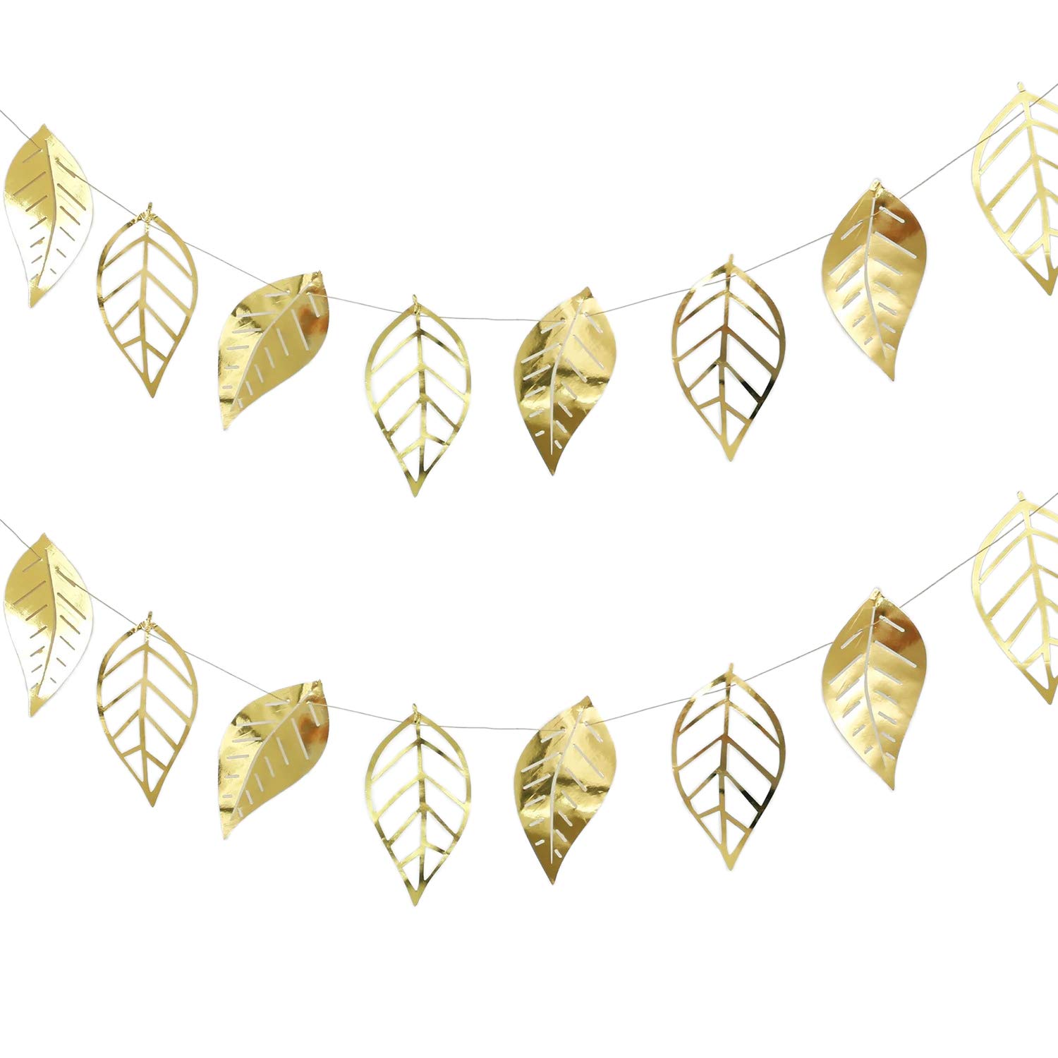 Metallic Gold Leaf Garland - Large Paper Leaves Hanging Decorations for Weddings, Bridal Showers, Elegant Backdrops, Boho Table Decor, and Nature Theme (2 Pack)