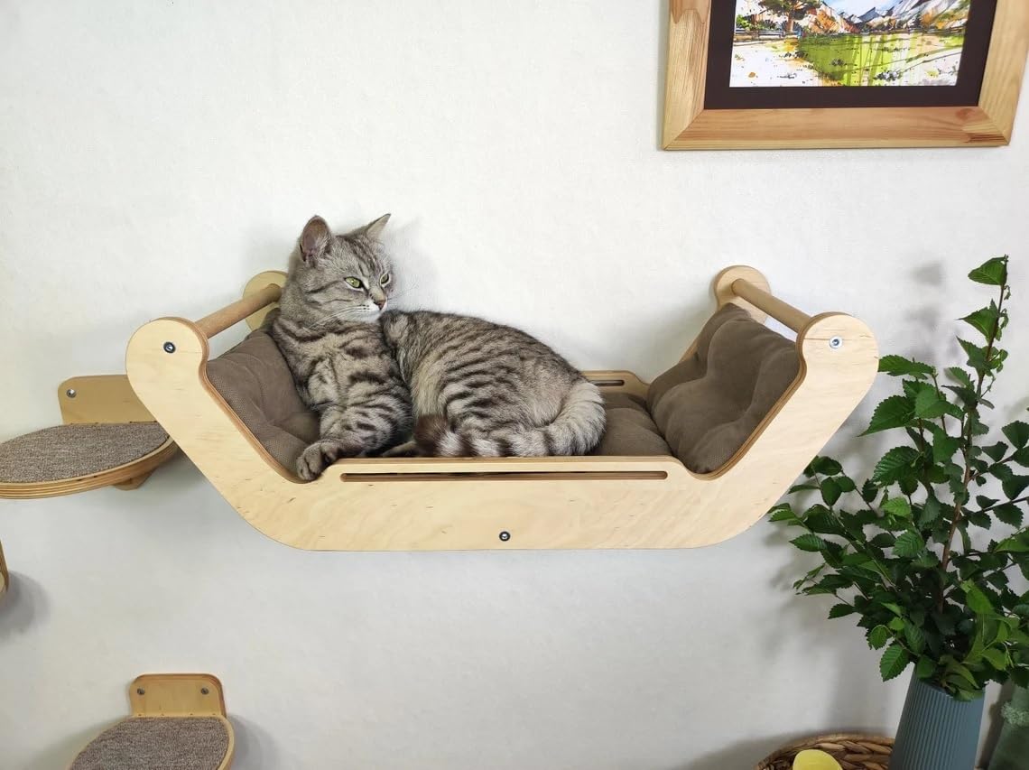 ANAIZA Wall Mounted Wooden Cat Bed with Soft Cushion and 3 Climbing Steps – Space-Saving Modern Cat Hammock Lounge Shelf for Indoor Cats Natural Birch 2