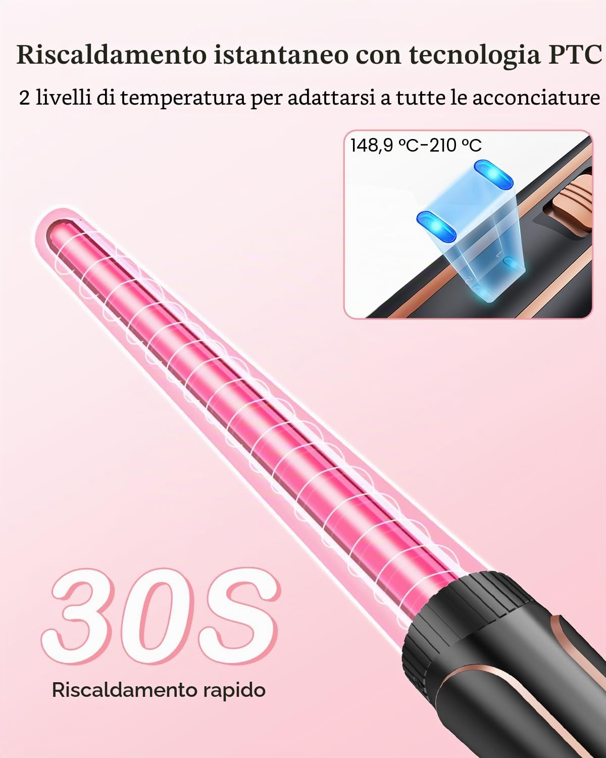 BESTOPE PRO Set Ferro Onda 5 in 1 - Include 3 cilindri in ceramica per creare grandi onde, inclusa regolazione della temperatura, riscaldamento rapido e guanto, 2 clip, oro rosa