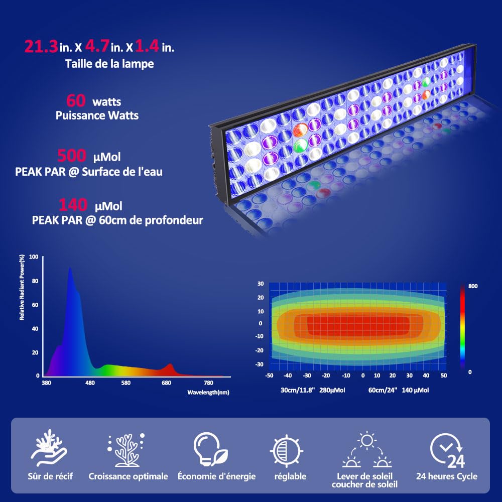 Eclairage d'aquarium d'eau salée à spectre complet LED récifale Eclairage marin pour aquarium 60CM 24inch Fish Aquarium Tank