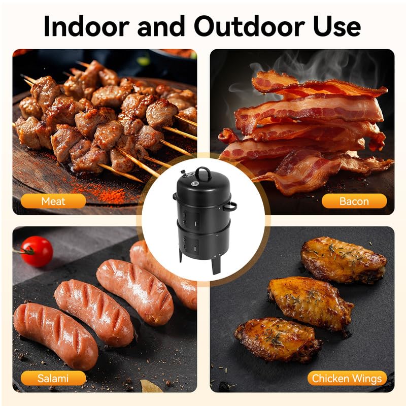 Pojemnik wędzarniczy 3 w 1, Ø 40 cm, grill na węgiel drzewny z termometrem i pokrywką, 2 poziomy, piec wędzarniczy do grillowania, wędzenia, duszenia
