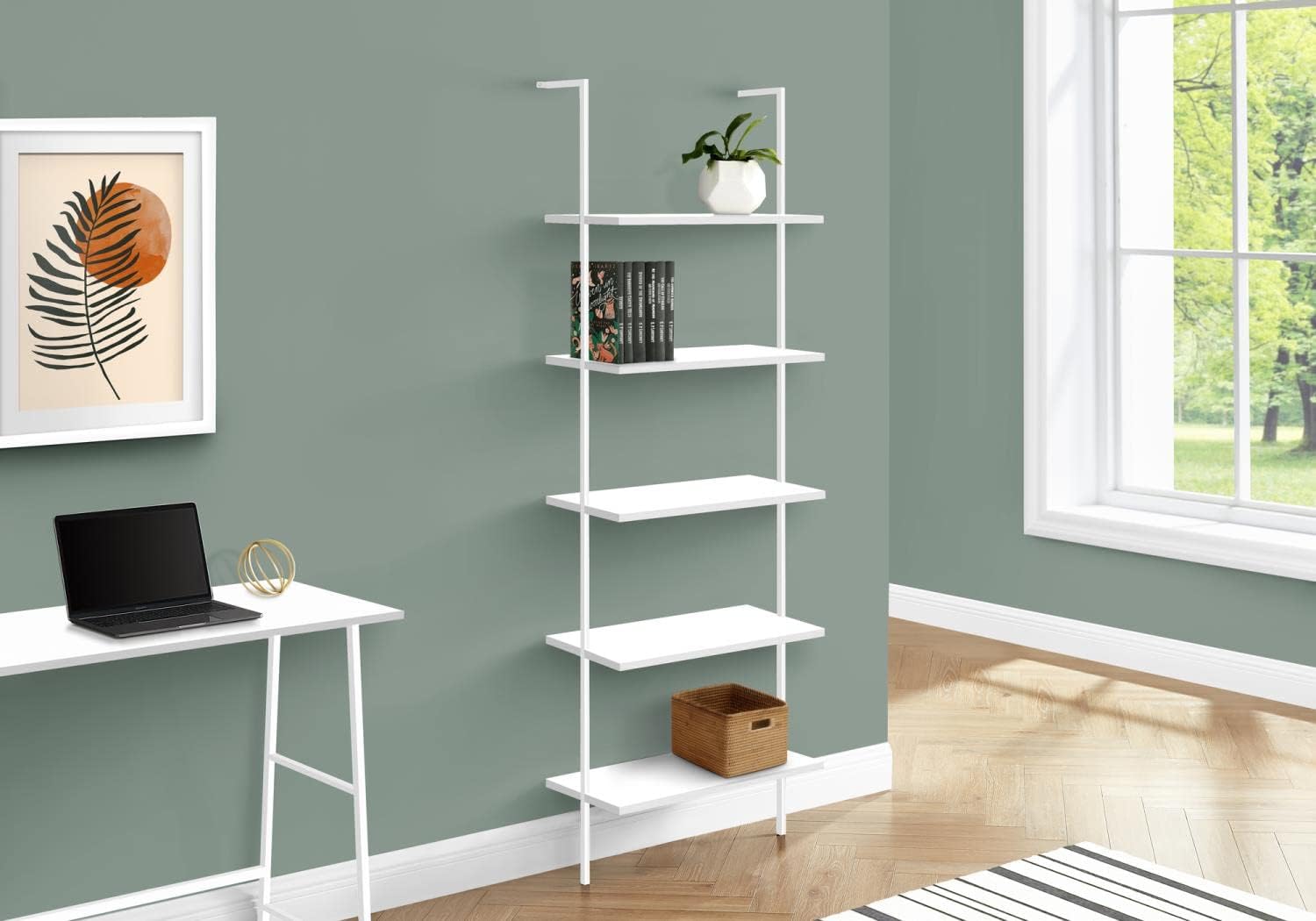 Monarch Specialties I 3687 Bookshelf, Bookcase, Etagere, Ladder, 5 Tier, 72" H, Office, Bedroom, Metal, Laminate, White, Contemporary, Modern