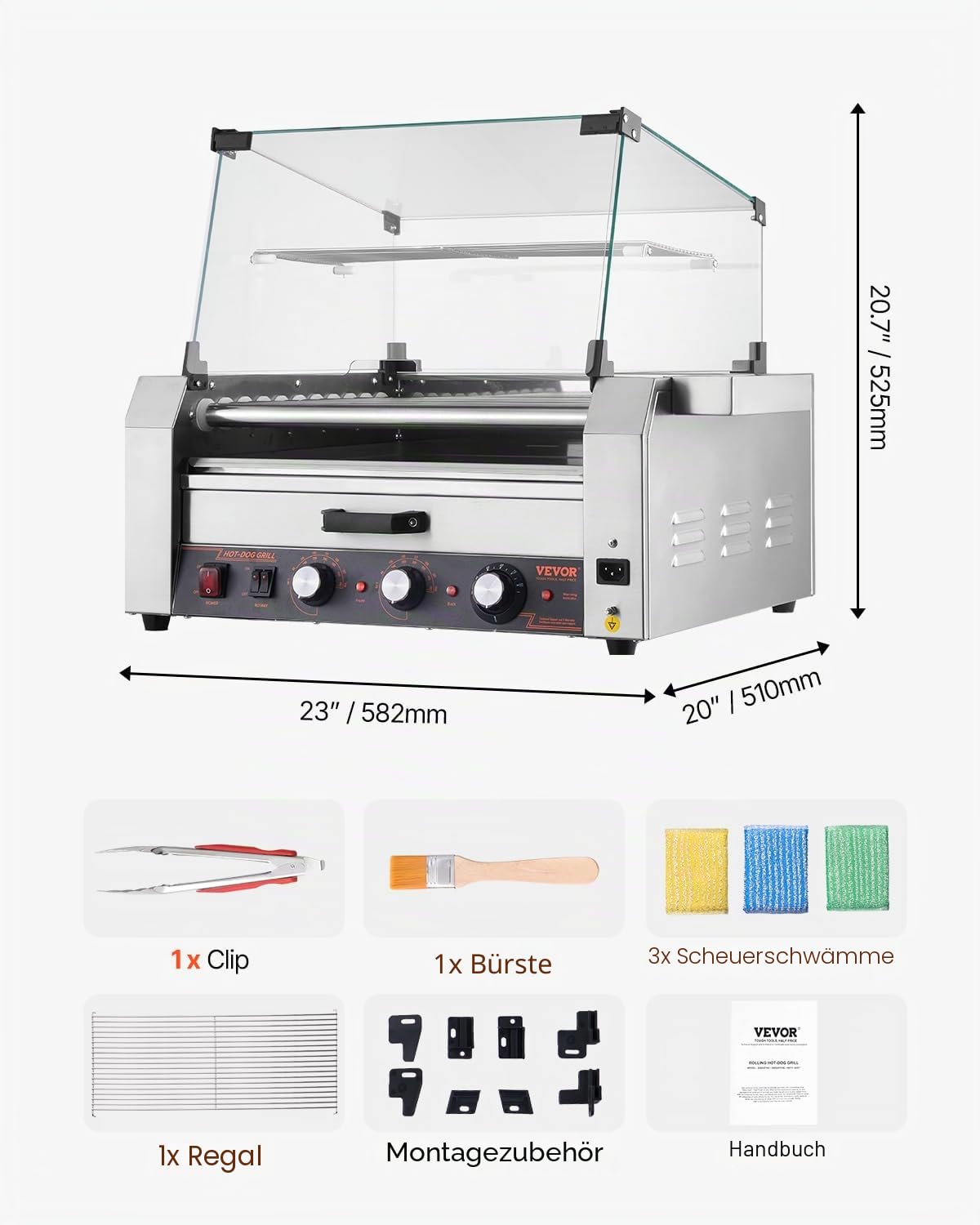 VEVOR Hot Dog Maschine 11 Rollen Edelstahl, 2400 W, Elektrogrill mit Brötchenwärmer & Abdeckung (Glas + PC) & 3 Temperaturregler & seitlicher Aufbewahrungsbox & Ölauffangschale