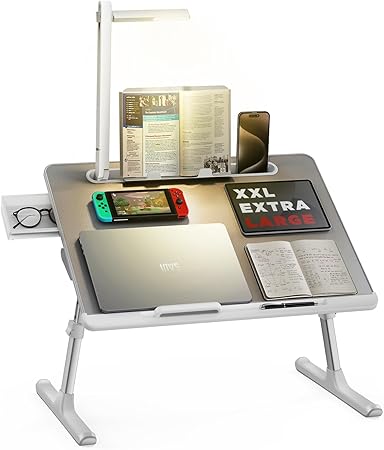 SAIJI Laptop Bed Tray Desk with LED Desk Light, Adjustable Laptop Stand for Bed, XX-Large PVC Leather Foldable Table with Book Stand, Wrist Rest, Extra Leg Room (Grey)
