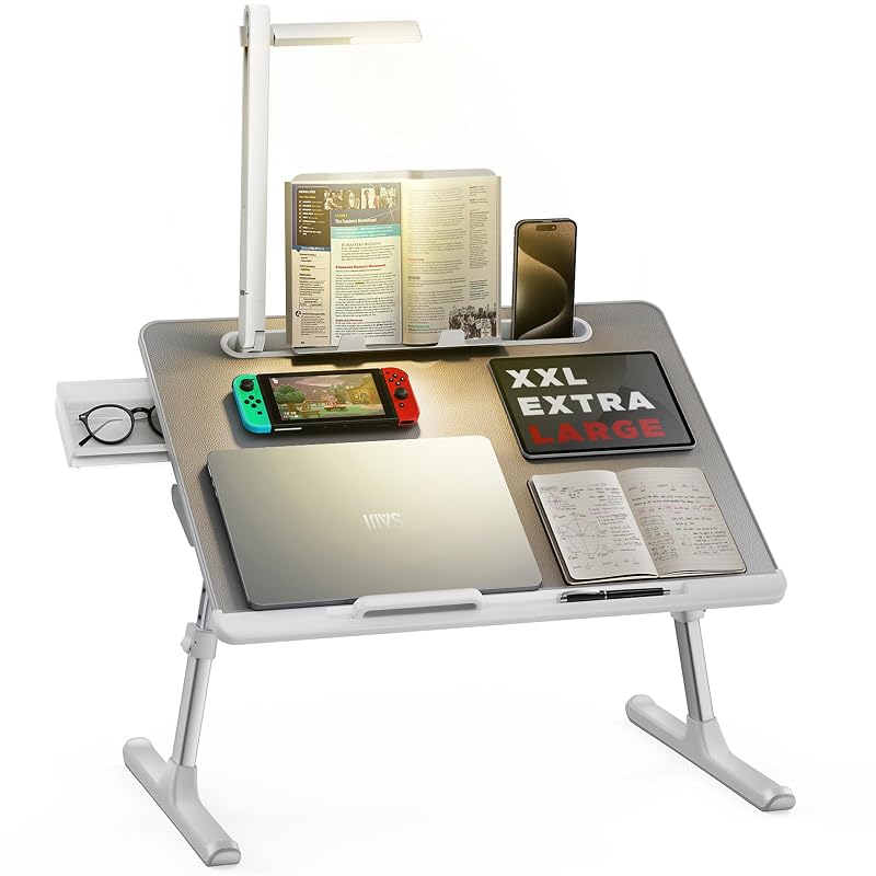 Laptop Bed Tray Desk with LED Desk Lamp, SAIJI Laptop Stand for Bed Gray