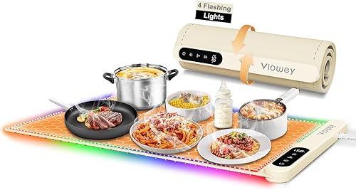 Miniatura 10 de Tapete de calentamiento de alimentos, bandeja de calentamiento eléctrica enrollable con 7 ajustes de temperatura y temporizador de 1 a 4 horas,