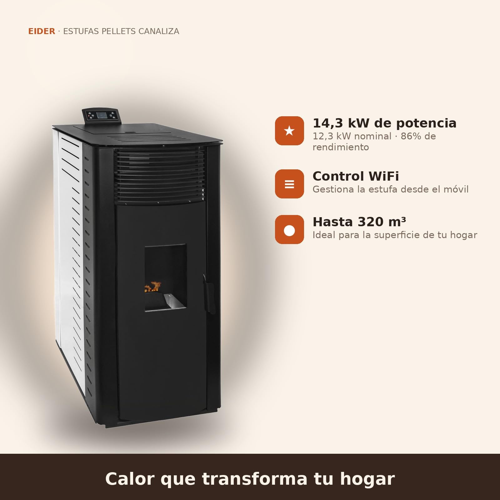 EIDER BIOMASA Estufa Pellets Canalizada GYDA – 14,95 kW – La Mayor Potencia – Hasta 340 m³ – Multiestancia – Tolva 15 kg – Programable – Clase A+