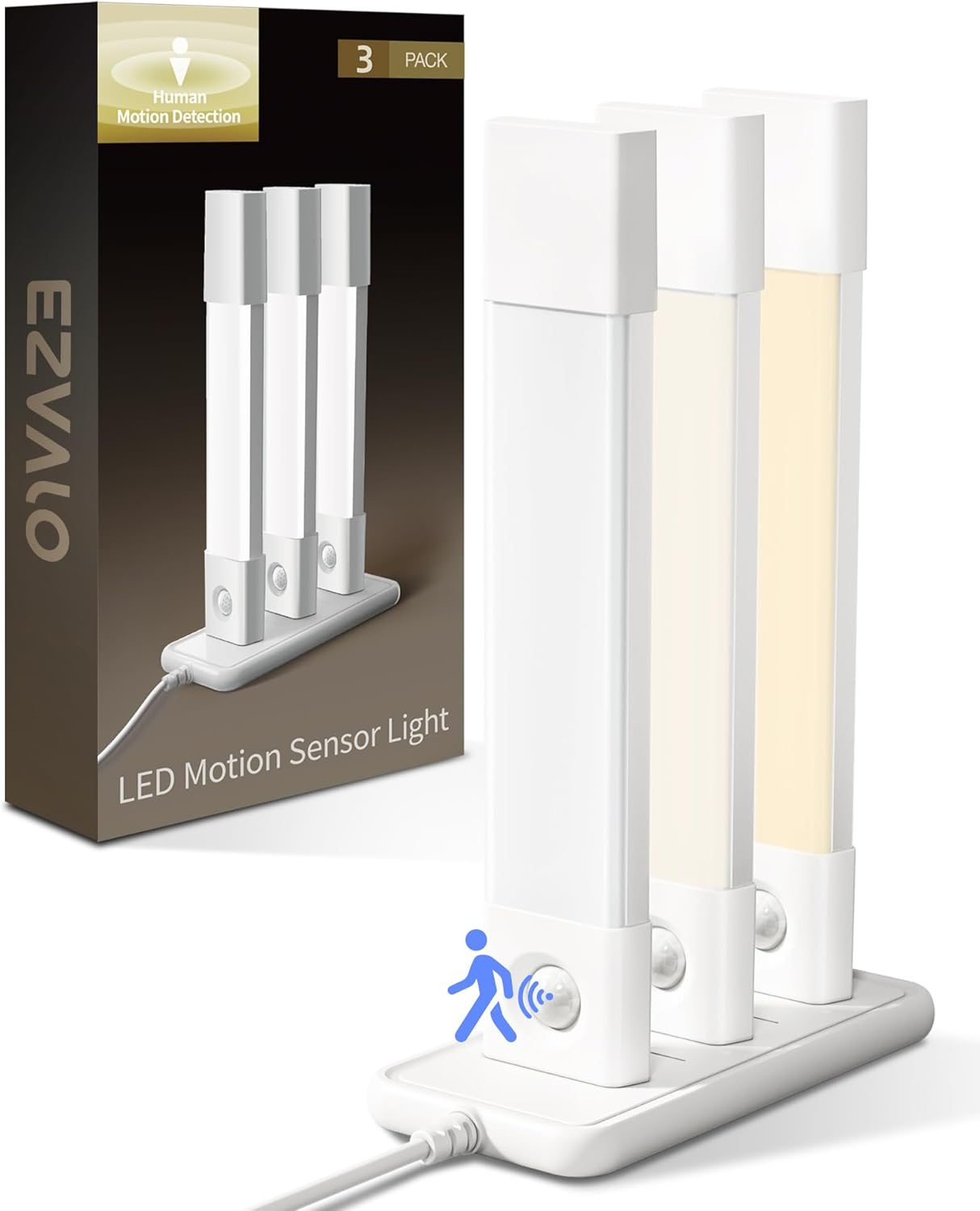 EZVALO 3 Pack Led Under Cabinet Lights Wireless with Charging Station, 7’’ Rechargeable Motion Sensor Light Indoor,3 Color Temperatures&Dimmable Closet Lights for Cabinets, Bookshelf, Stair, Hallway 3Pack with Station