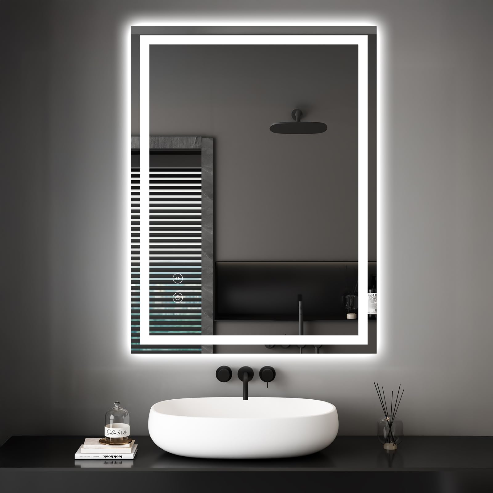 Specchio Da Bagno LED 45x60 Cm Con Cornice Nera – Luce Anteriore E Posteriore, Dimmerabile, Antiappannamento