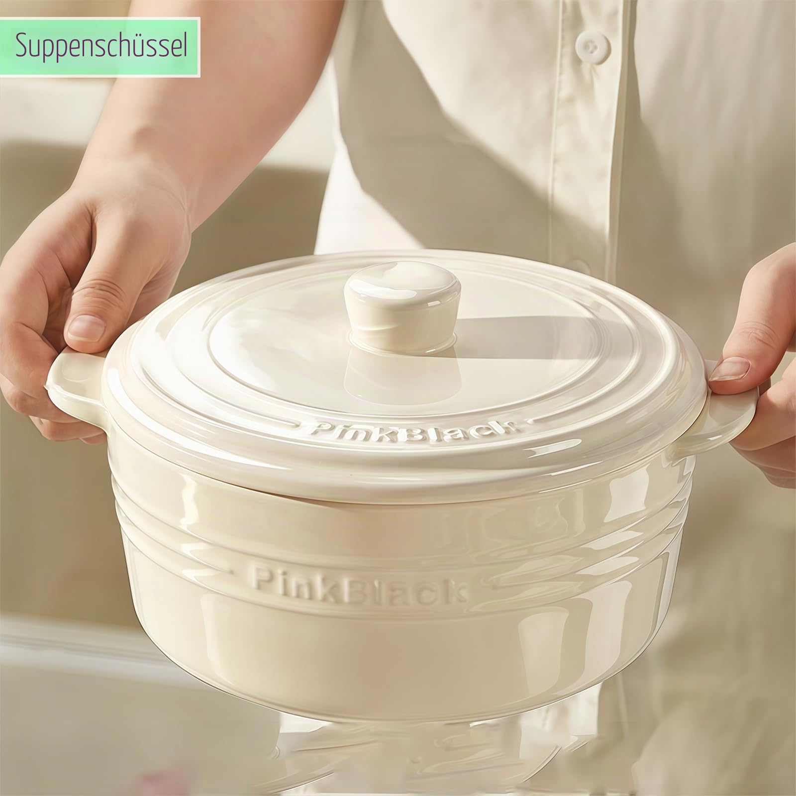 Große Suppenschüssel mit Griffen und Deckel, 1800 ml Ramenschüssel für Instant-Nudeln, mikrowellengeeignet