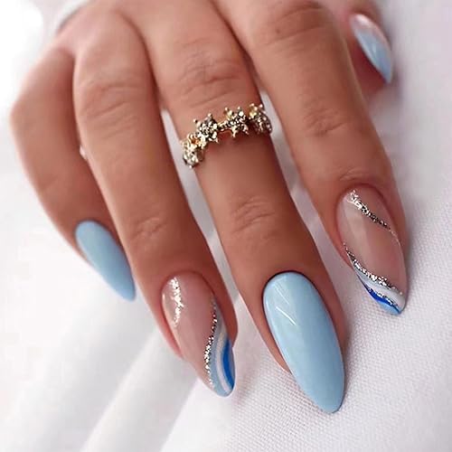 Blue Press on Nails Short Almond Fake Nails Press ons