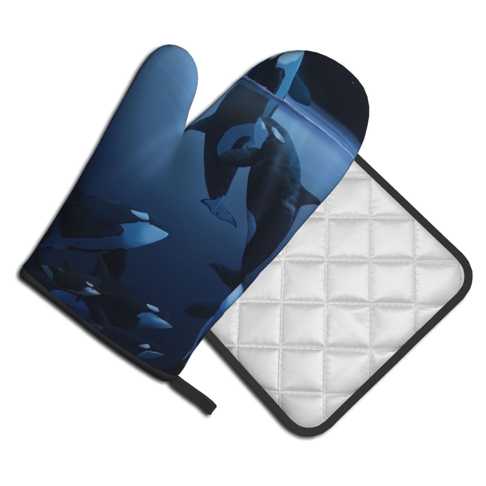 Oven Mitts and Pot Holders Set of 2 Pcs, Whale family Printed Heat Resistant Kitchen Gloves Potholders for Cooking Baking Grilling