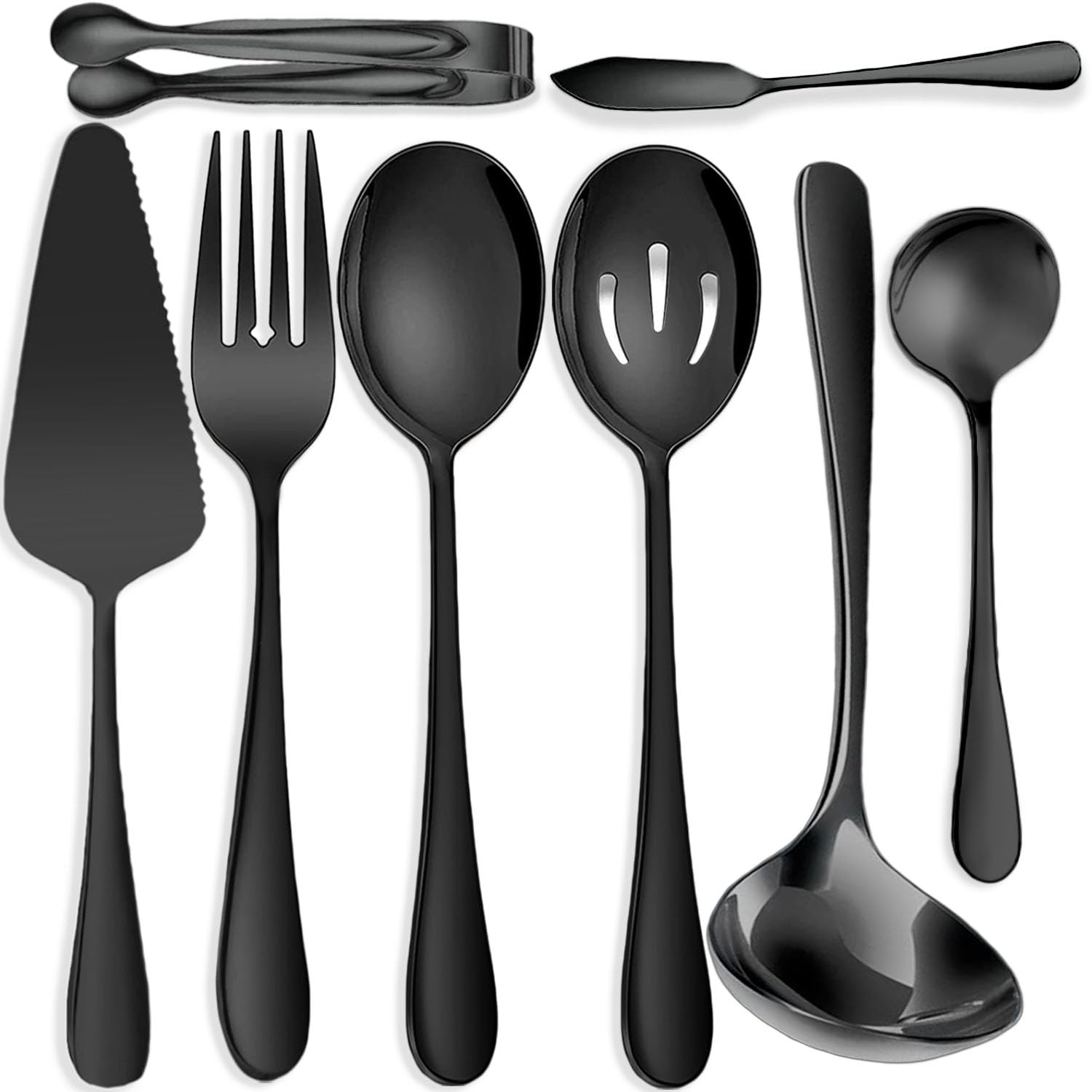 8 utensilios de acero inoxidable para servir, cucharas grandes ranuradas, tenedores, pinzas de azúcar para hielo, servidor de pasteles, cucharón de sopa, juego de utensilios de metal, ideal